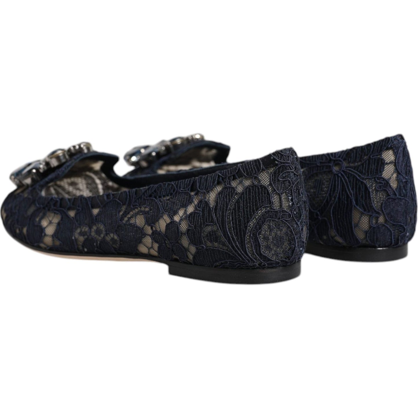 Dolce & Gabbana blue Taormina lace flats with crystals, almond toe and floral design, side view.