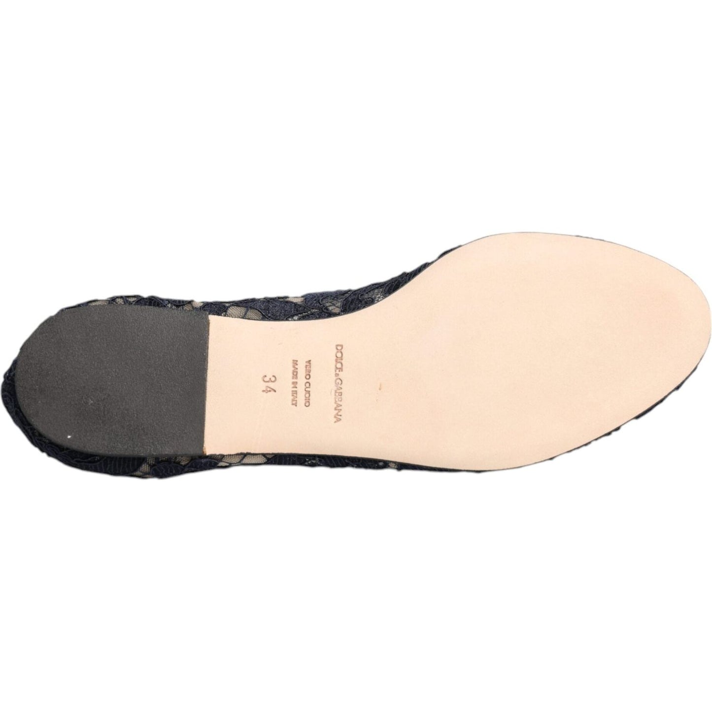 Sole view of Dolce & Gabbana Blue Taormina Lace Flats, featuring leather sole and floral lace design.