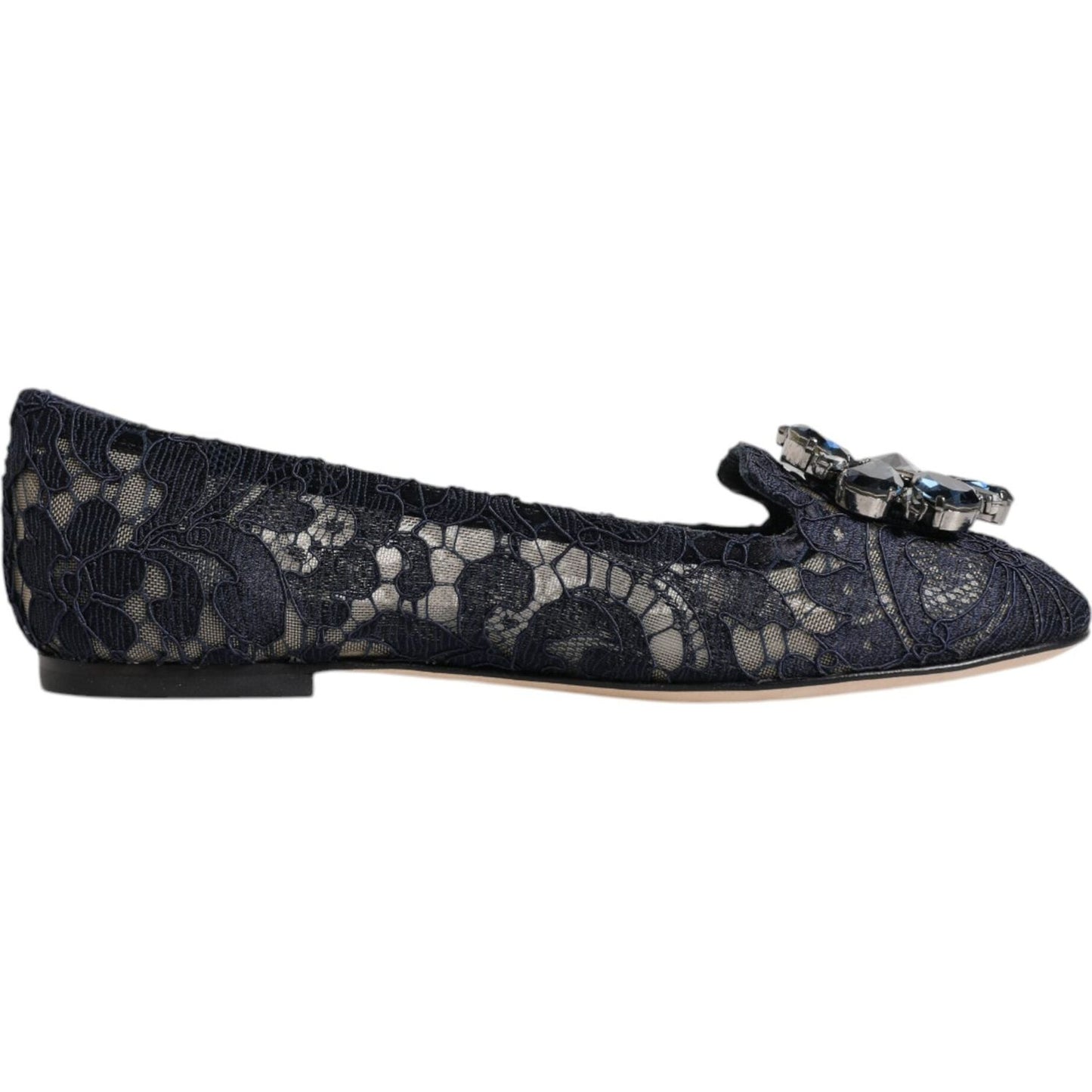 Dolce & Gabbana blue Taormina lace flats with crystals, elegant design, almond toe, floral pattern, Italian craftsmanship