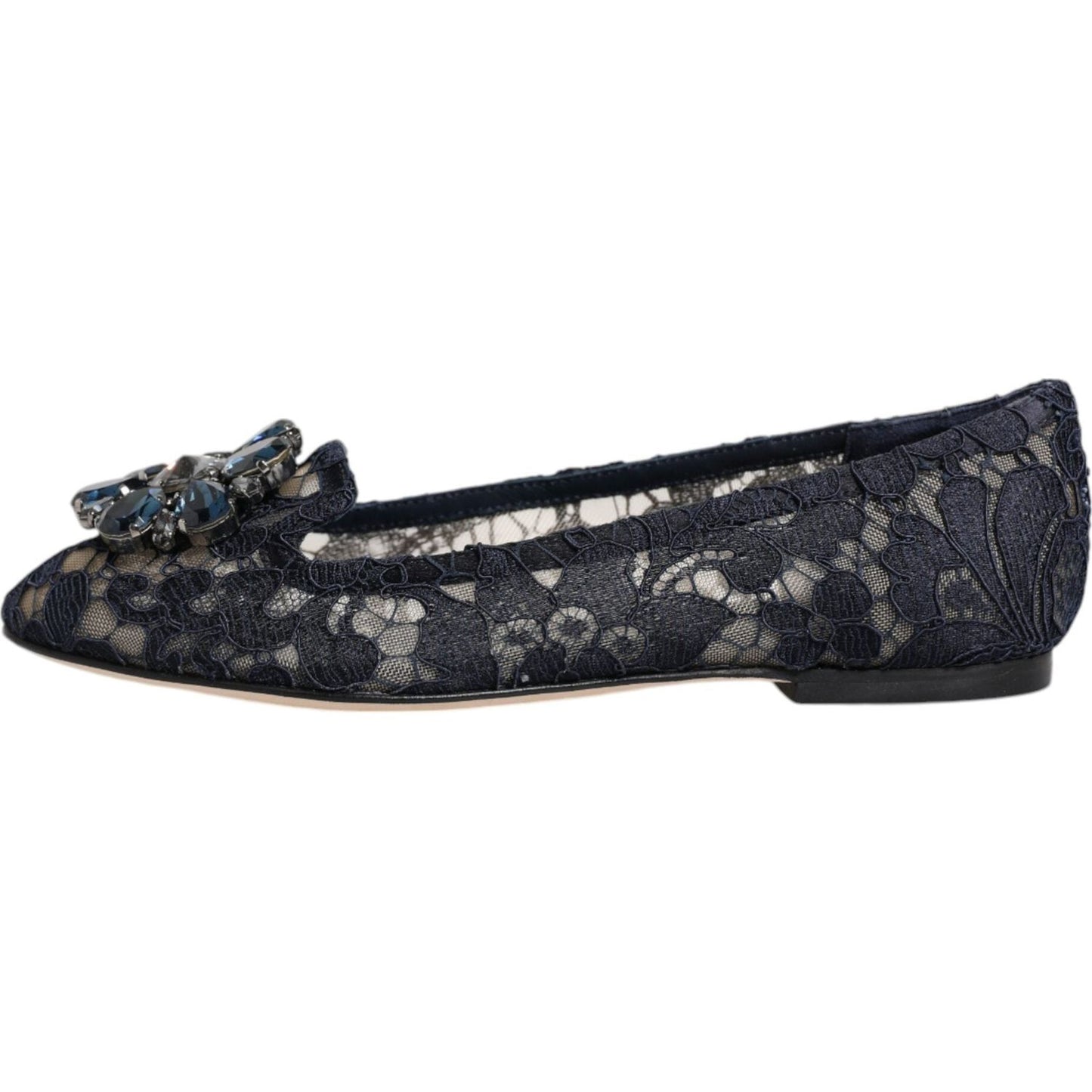 Dolce & Gabbana blue Taormina lace flats with crystal embellishments and almond toe design.