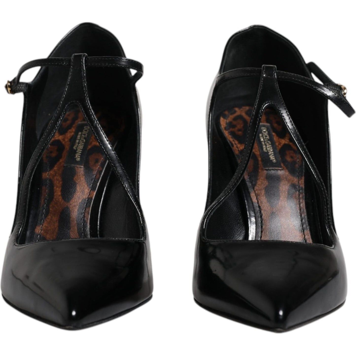 Dolce & Gabbana black leather T-strap stiletto heels, made in Italy, showing leopard-print insoles, luxury women's footwear.