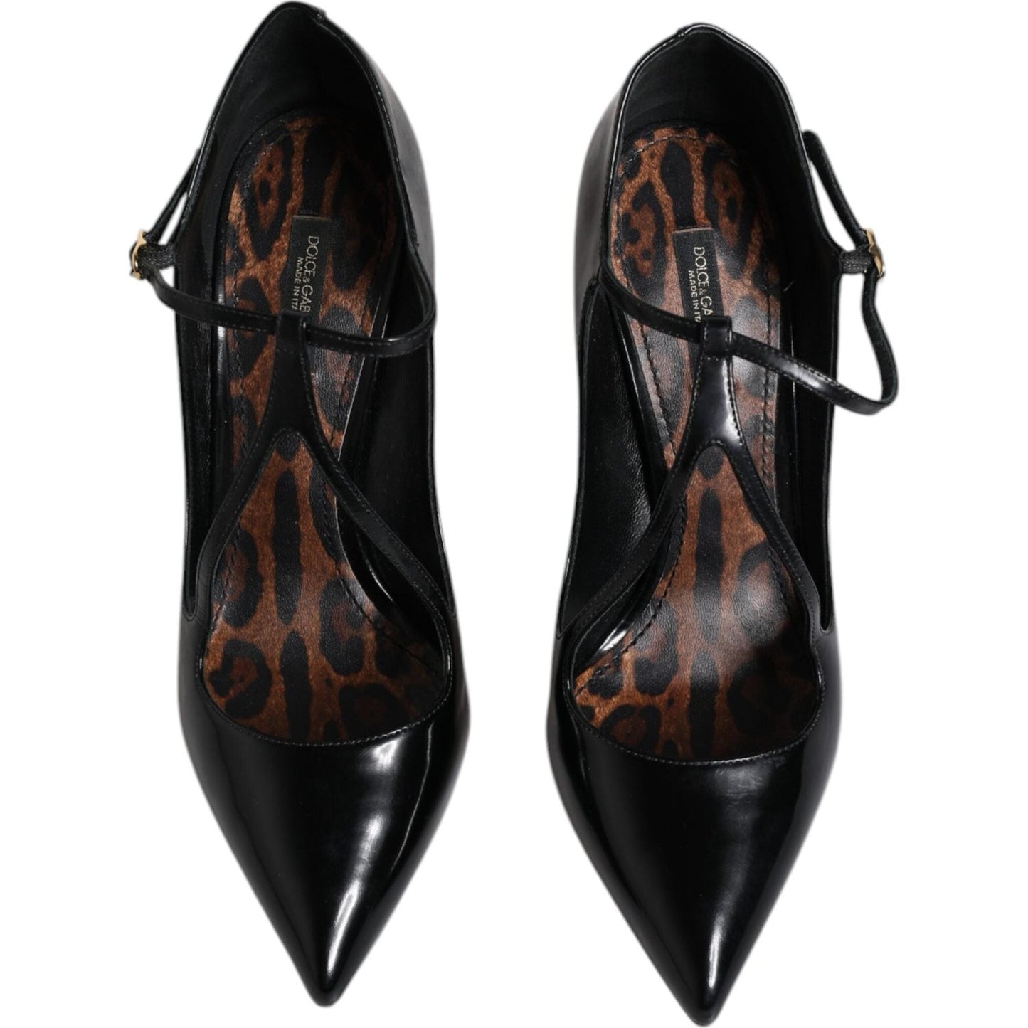 Dolce & Gabbana black leather T-strap stiletto heels, 100% calf leather, logo detail, exclusive design, made in Italy.