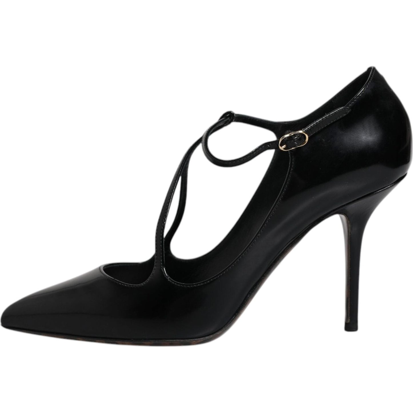 Dolce & Gabbana black leather T-strap stiletto heels with buckle closure, crafted in Italy from 100% calf leather, elegant design.