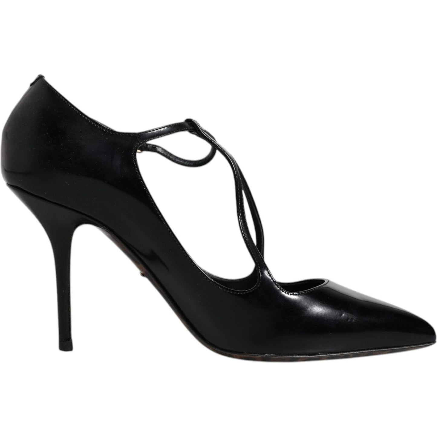 Dolce & Gabbana black leather T-strap stiletto heels, Italian craftsmanship, luxury calf leather sandals with buckle closure.