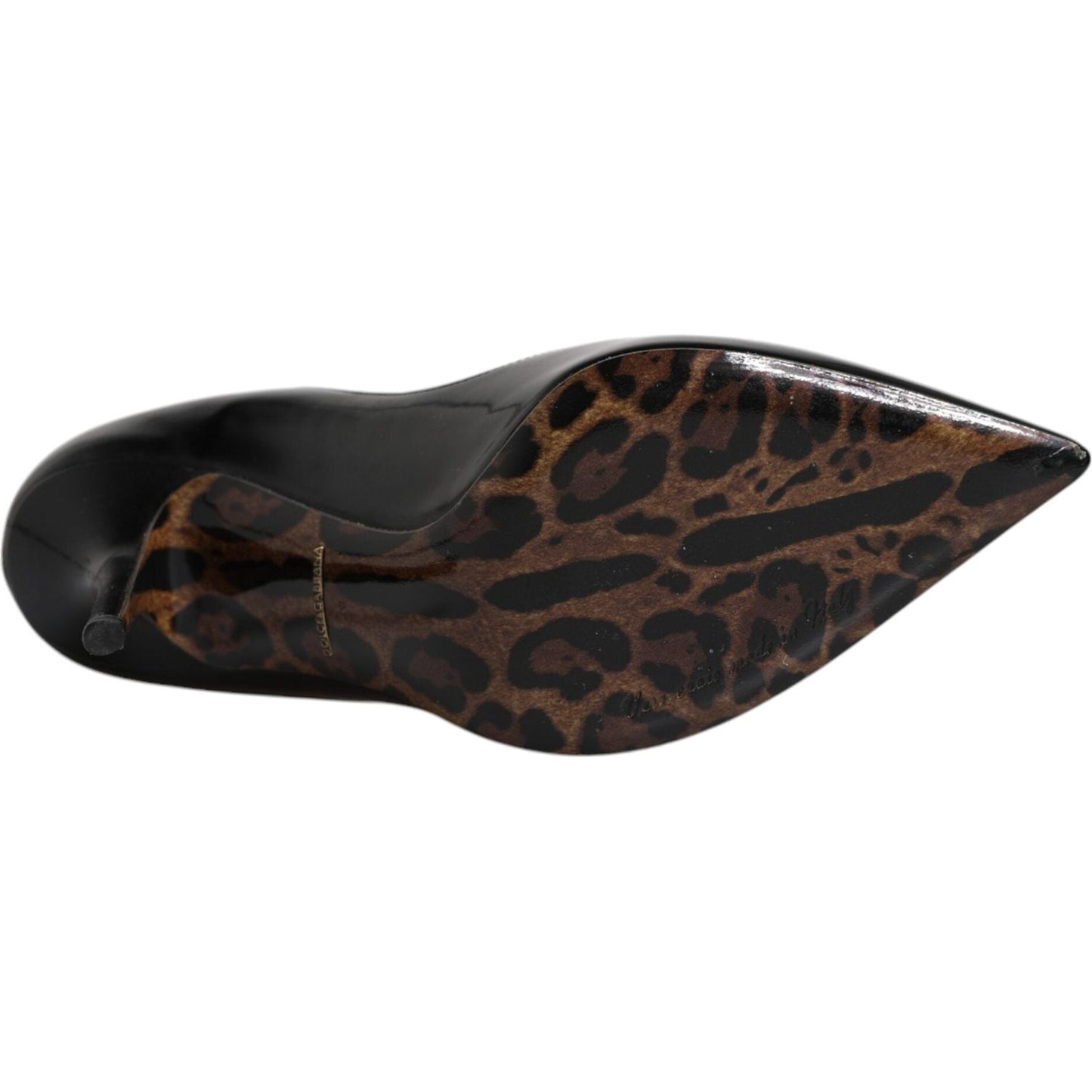 Leopard print sole of Dolce & Gabbana black leather stiletto heel, showcasing Italian craftsmanship and exclusive design.