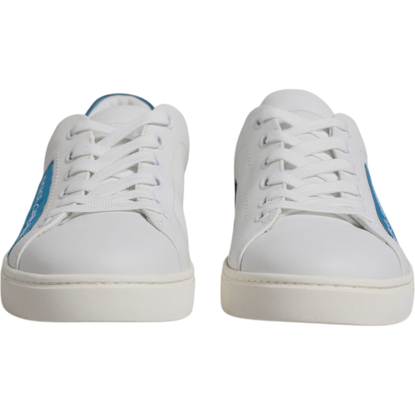 Dolce & Gabbana white leather sneakers with blue accents, front view, calf leather, rubber sole, lace-up closure, luxury footwear.