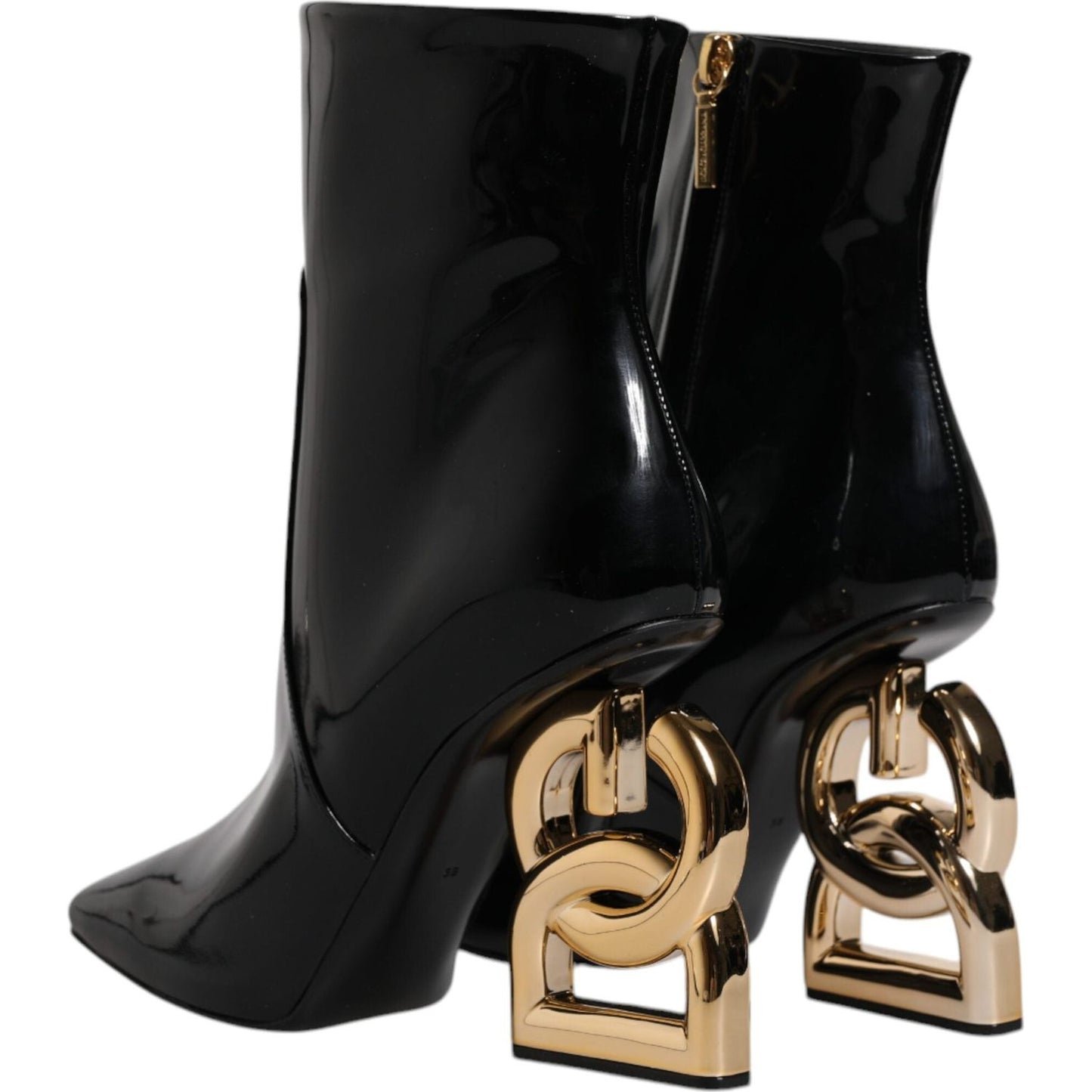 Dolce & Gabbana black Jackie leather mid calf boots with gold logo heels and side zipper.