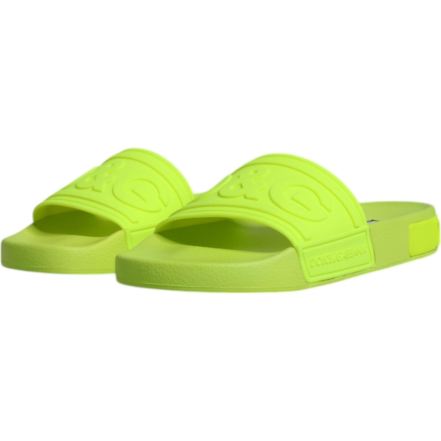 Dolce & Gabbana neon green rubber slide sandals with logo, made in Italy, ideal for beachwear, featuring a comfortable rubber sole.
