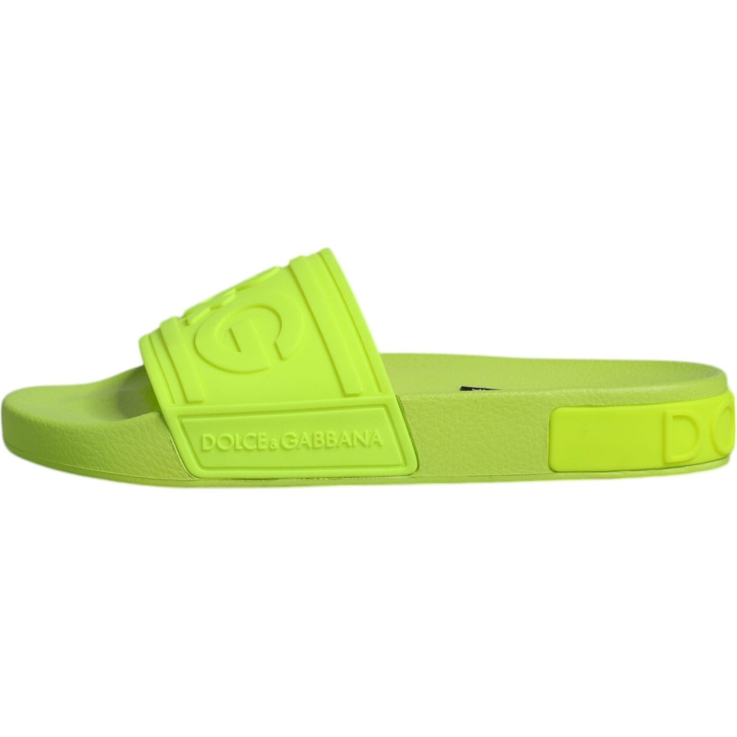 Dolce & Gabbana neon green rubber slides, comfortable slip-on sandals with logo details, perfect for beachwear, made in Italy.