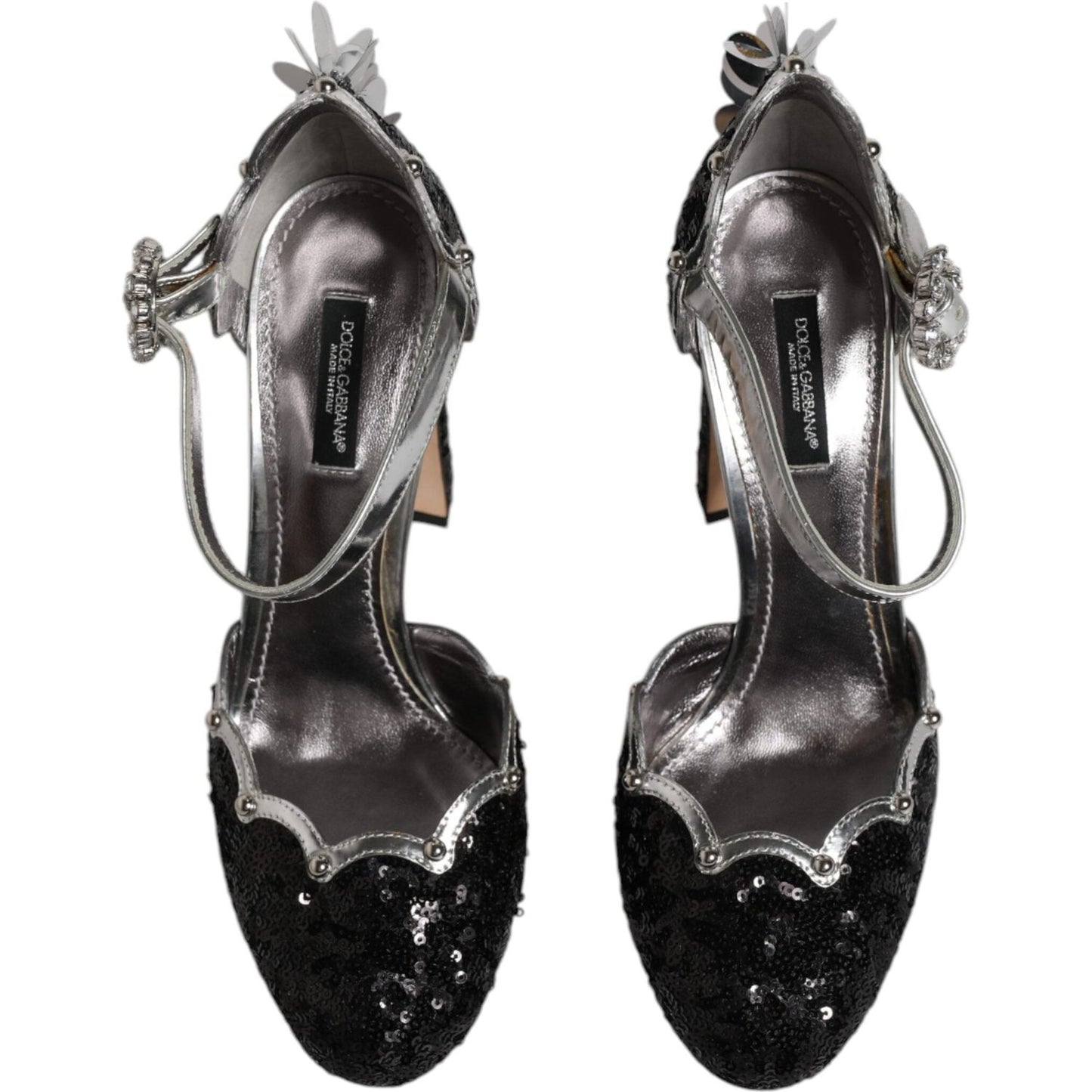 Dolce & Gabbana Black Silver Sequin Ankle Strap Sandals with logo details and leather sole, elegant Italian design.