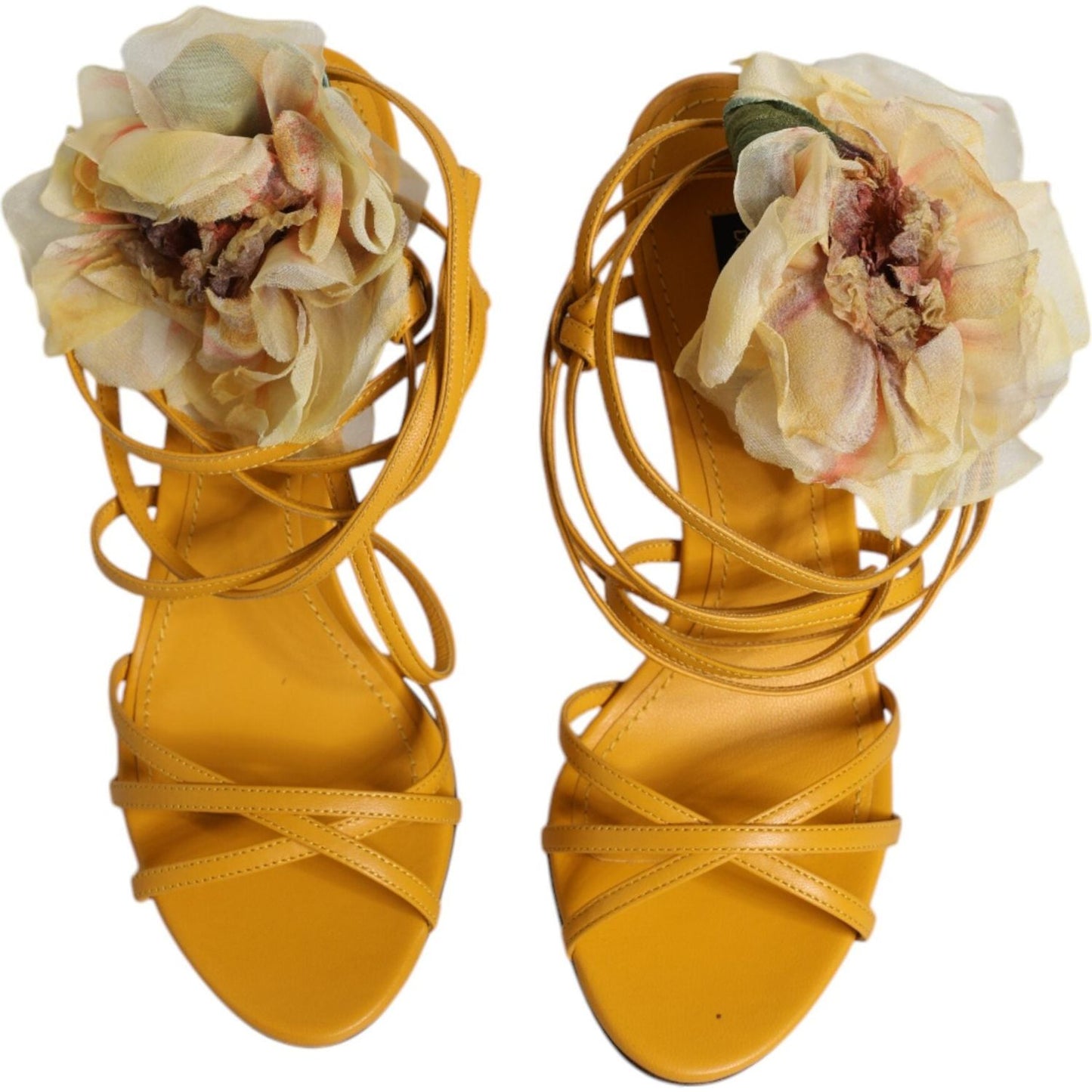 Dolce & Gabbana Keira sandals in yellow with floral applique, lamb leather, stiletto heel, adjustable straps, luxury fashion.