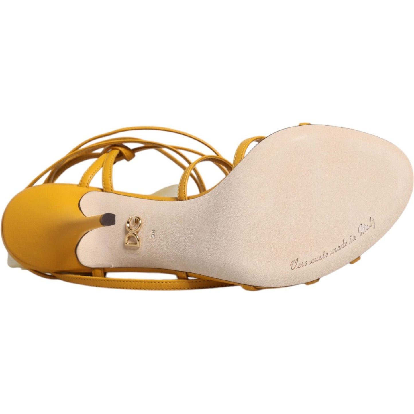 Bottom view of Dolce & Gabbana Keira yellow sandals showcasing leather sole and logo detail, high-quality Italian craftsmanship.