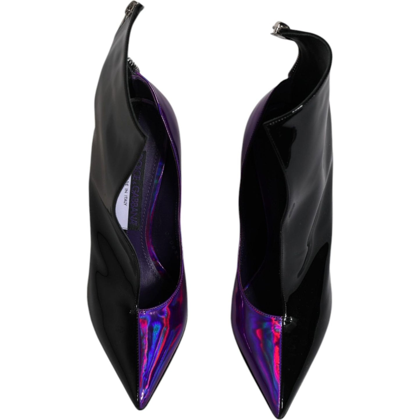 Dolce & Gabbana purple black pointed ankle boots in leather, showcasing elegant design with zipper closure and logo details, made in Italy.
