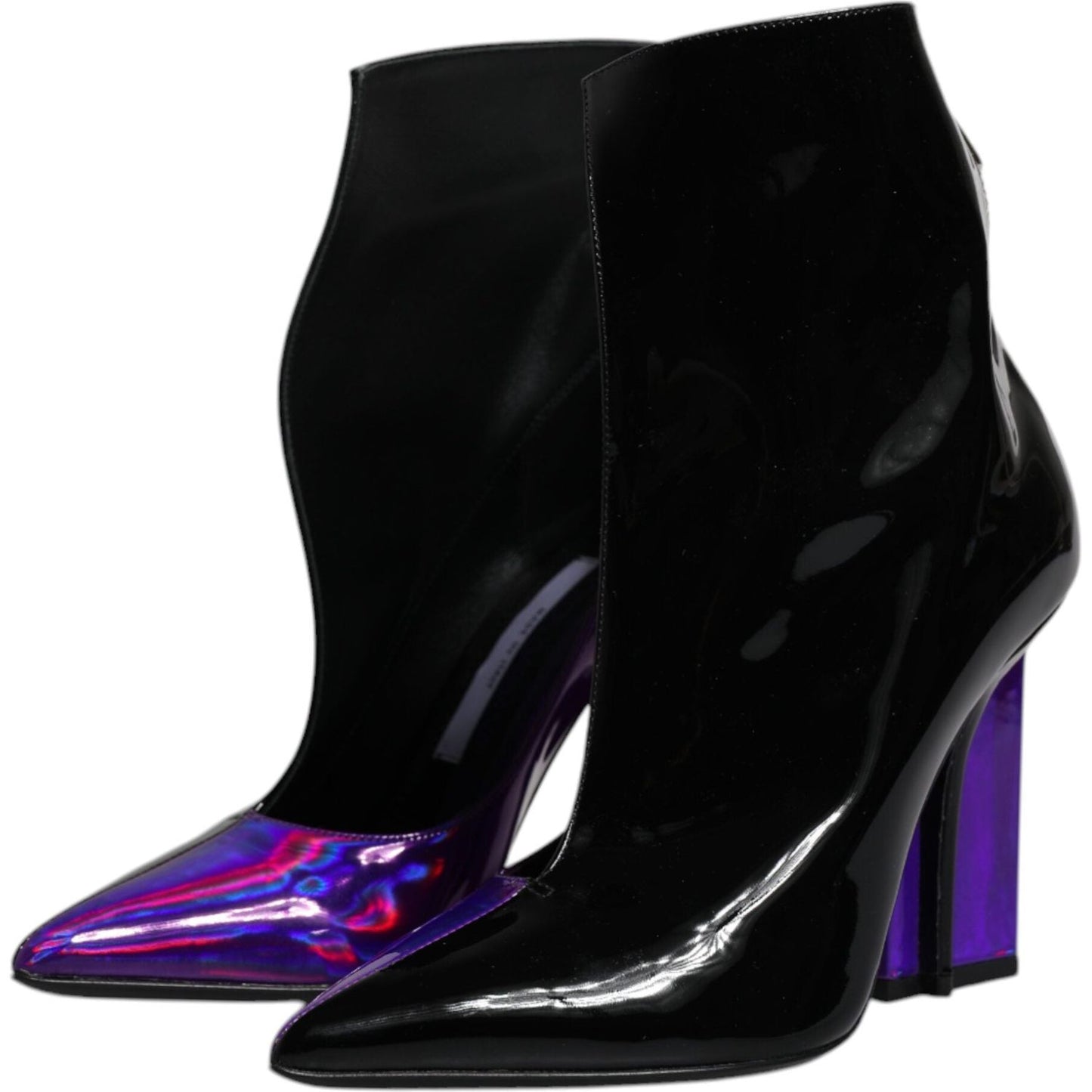 Dolce & Gabbana black and purple pointed ankle boots with leather and zipper closure, high-quality Italian design.
