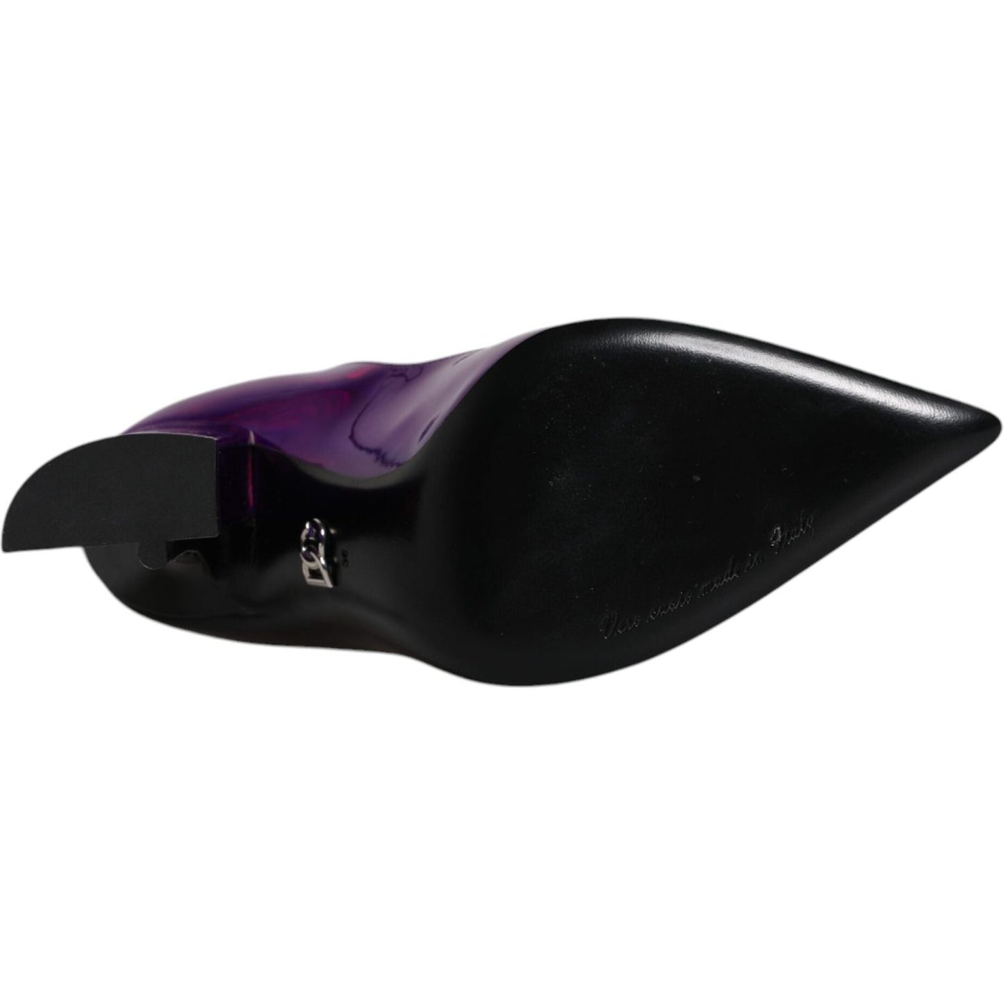 Bottom view of Dolce & Gabbana purple black leather ankle boots, pointed toe and logo details.
