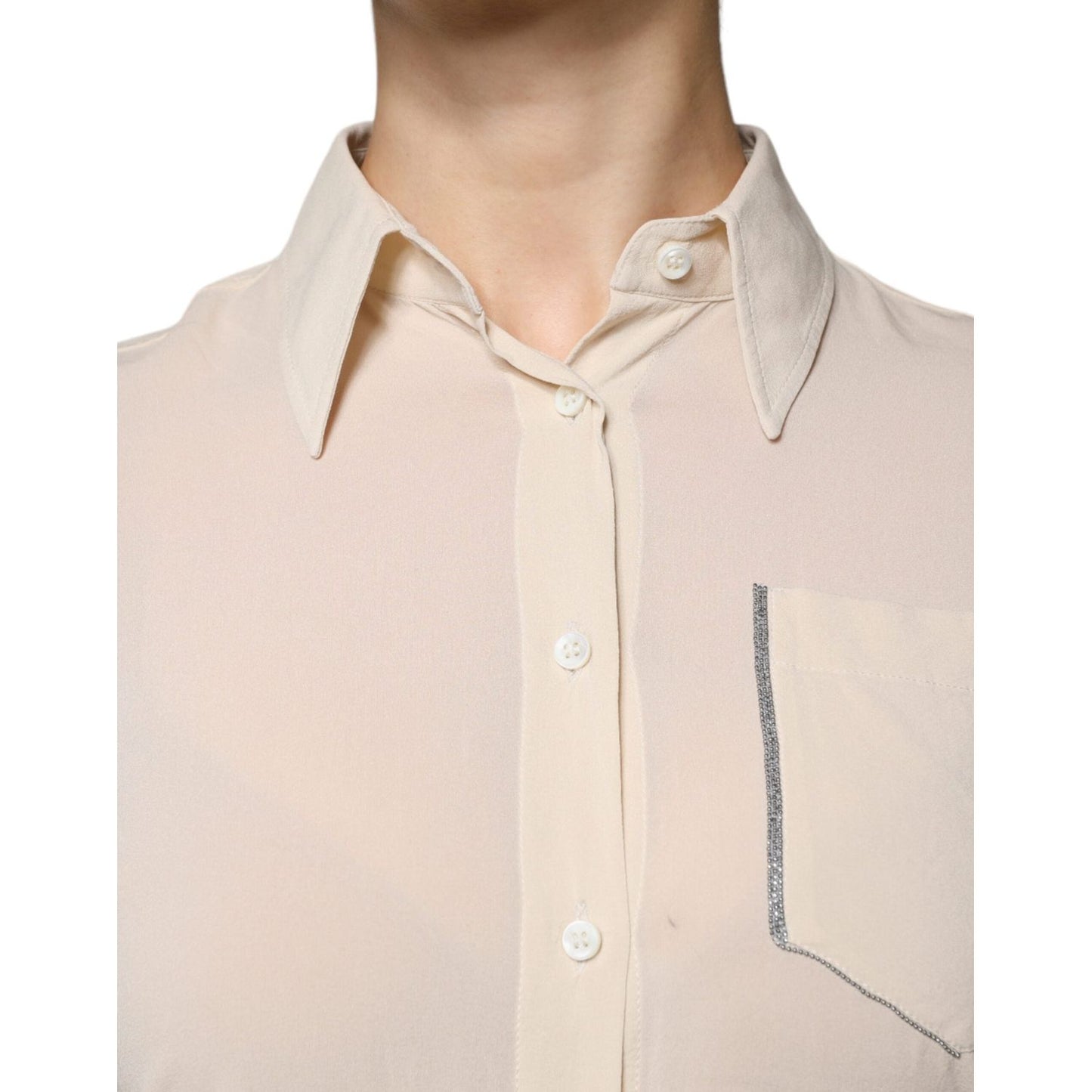 Brunello Cucinelli Beige Silk Blend Collared Button Down Top Brunello Cucinelli Light Gray