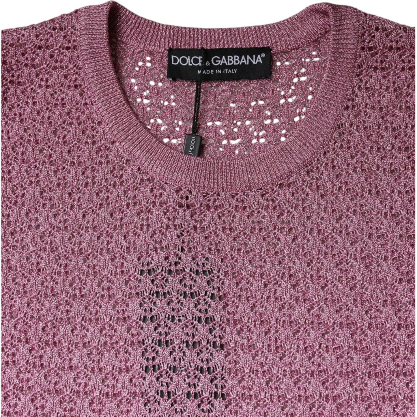 Dolce & Gabbana pink mesh see-through sleeveless tank top with logo detail, made in Italy, 77% viscose, 23% polyester.