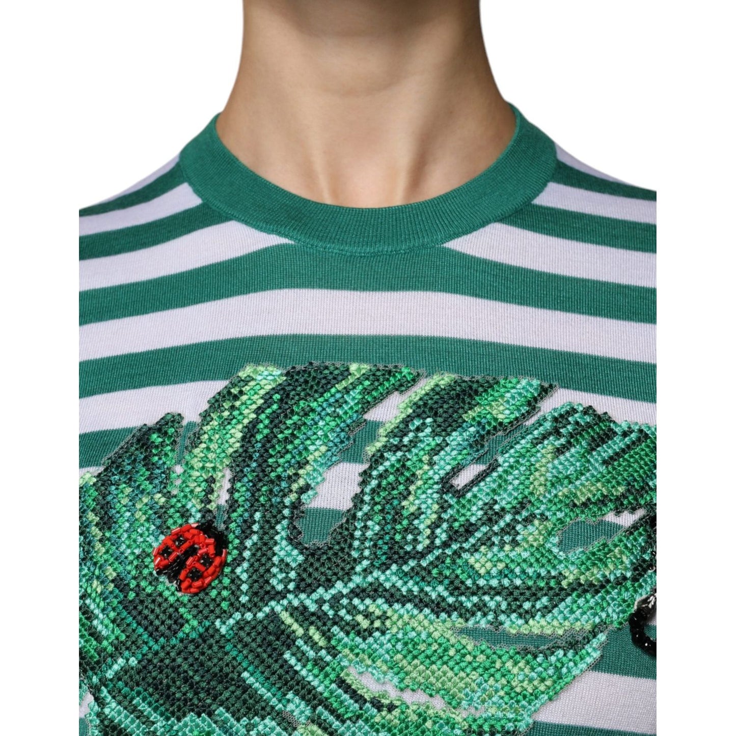 Dolce & Gabbana white and green striped t-shirt with leaf embroidery and crew neck.