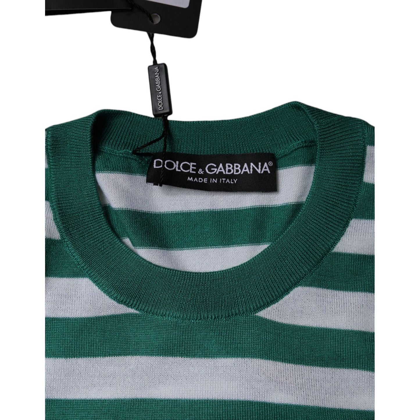 Dolce & Gabbana white green stripe crew neck t-shirt with leaf embroidery, made in Italy, crafted from cashmere and silk.