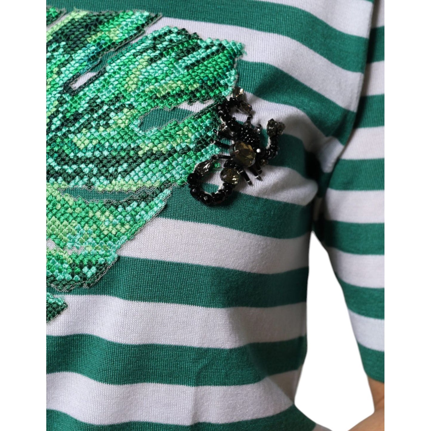 Dolce & Gabbana green stripe crew neck t-shirt with leaf embroidery, cashmere and silk blend, high-quality Italian craftsmanship.