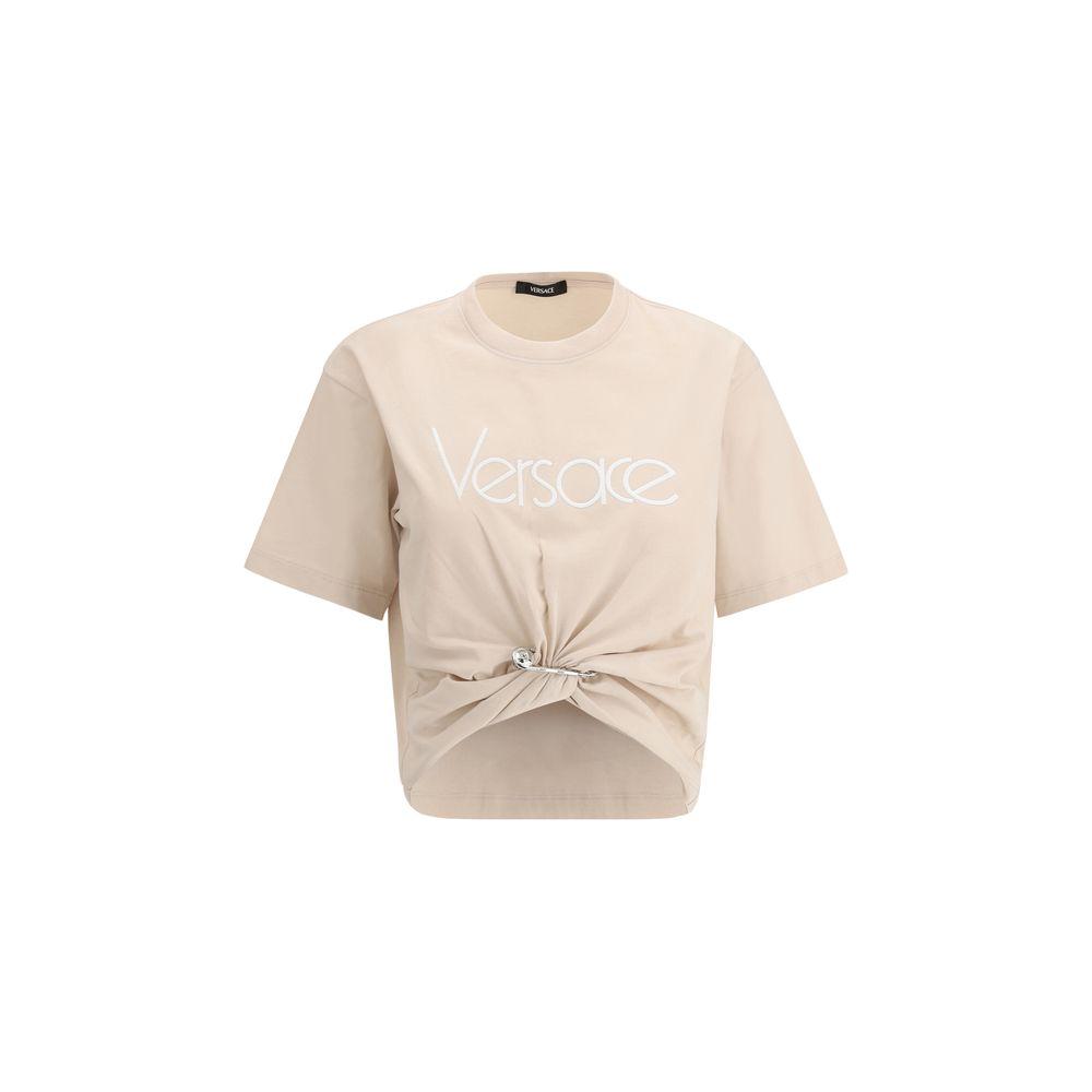 Versace cotton T-shirt with ribbed crew neck, front drape, Medusa logo pin, iconic monogram, and monochrome pattern.