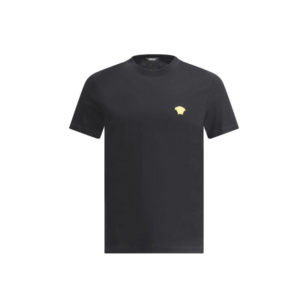 Versace T-shirt with ribbed crew neck and iconic Medusa logo, featuring a monochrome pattern and regular fit in cotton.