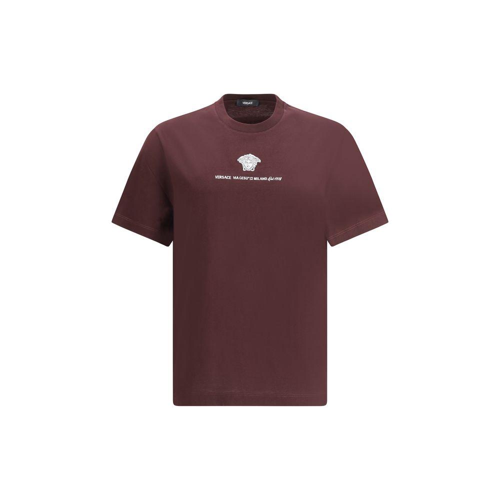 Versace cotton T-shirt with ribbed crew neck, iconic monogram, monochrome pattern, and regular fit in a sleek design.