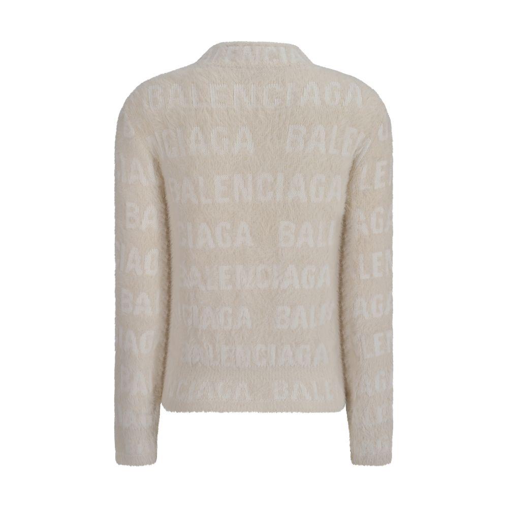 Balenciaga wool sweater with high neck and jacquard weave brand monogram, featuring ribbed cuffs and hem in off-white color, back view.