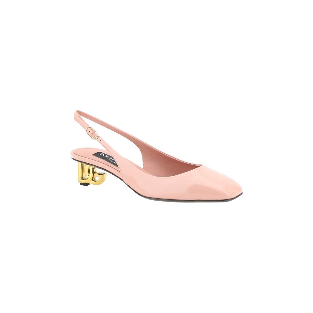 Dolce & Gabbana pink leather slingback pumps with square toe and gold logo heel, adjustable strap for perfect fit, elegant and modern design.