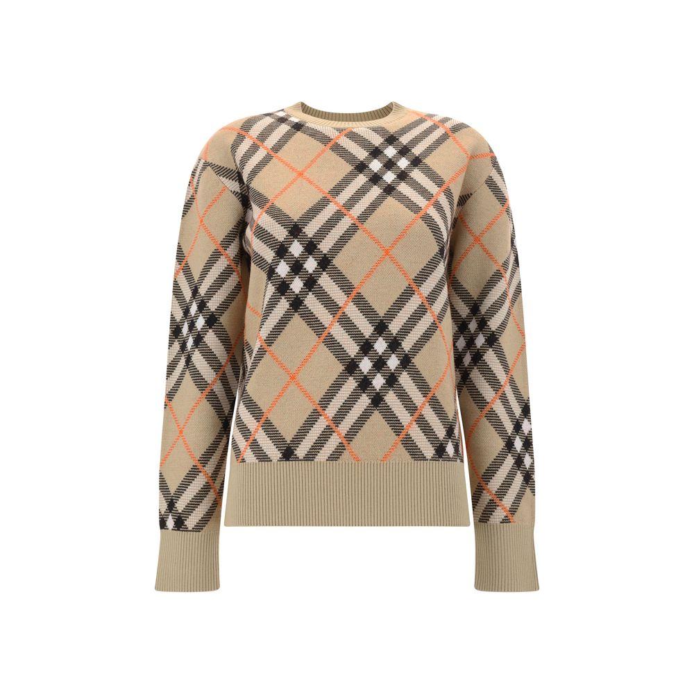 Burberry wool sweater with ribbed crew neck, hem, and cuffs in iconic check pattern, regular fit.