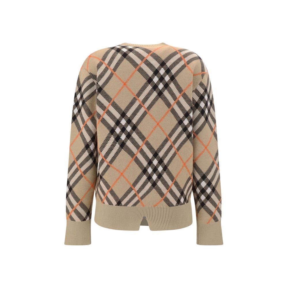 Burberry wool sweater with ribbed crew neck and iconic all-over Check pattern, showcasing regular fit and ribbed hem and cuffs.