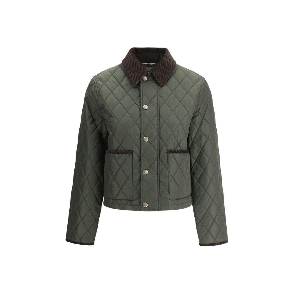 Burberry quilted jacket with corduroy collar, front pockets, and velvet hems, showcasing iconic Archivio Check interior lining.