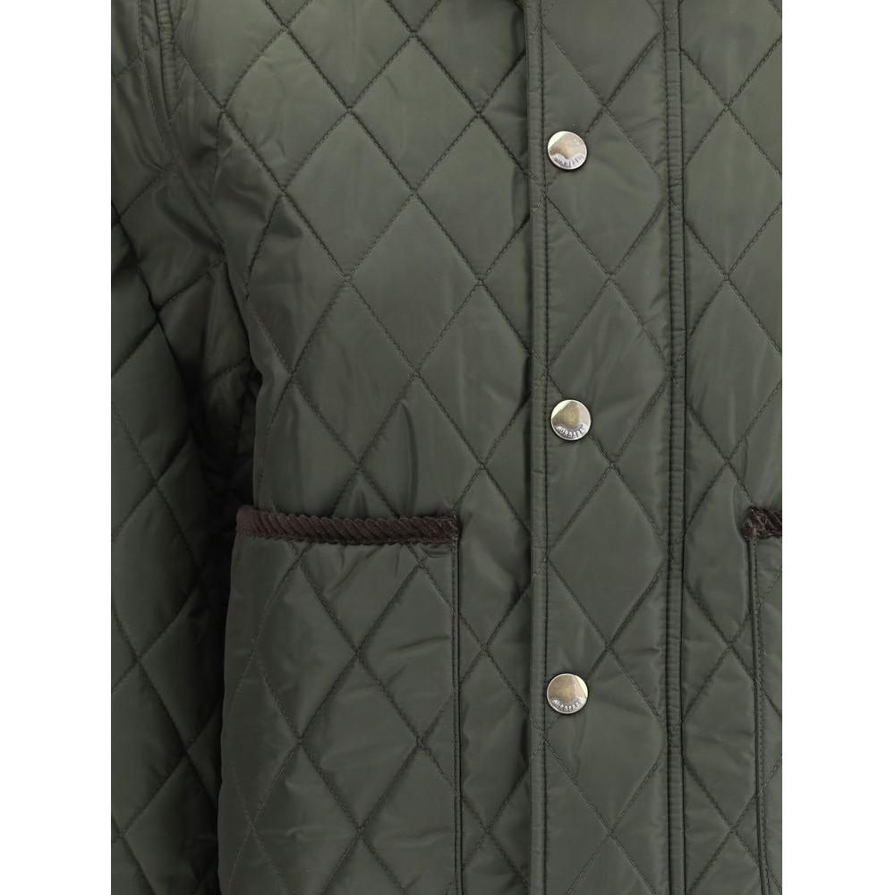 Olive green Burberry quilted jacket with button closure, corduroy collar, and patch pockets. Stylish outerwear with velvet trim.