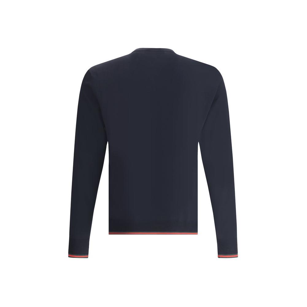 Back view of Gucci wool sweater with ribbed cuffs and multicolored band accents, showcasing classic and versatile design.