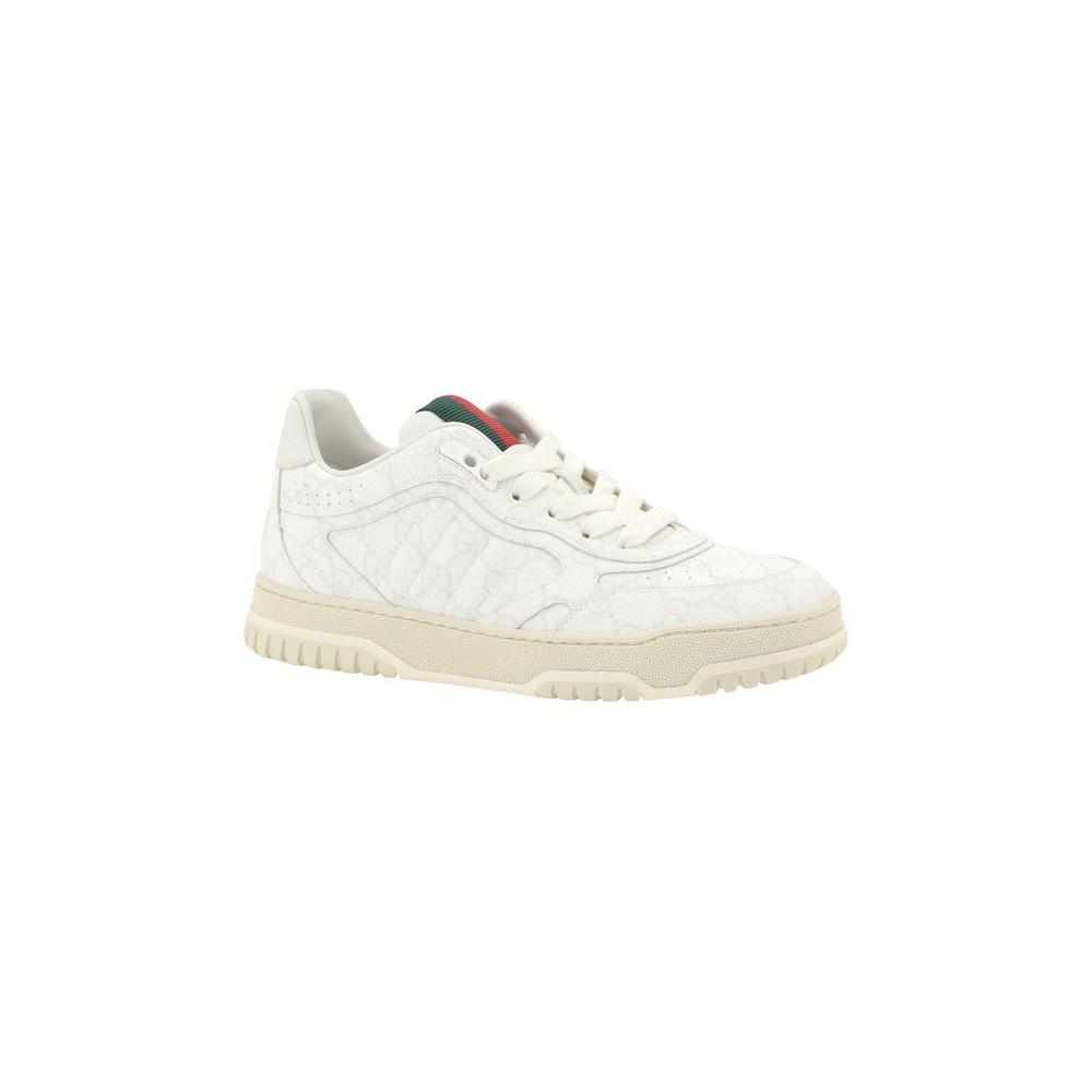 Gucci Logo Leather Sneakers with GG monogram and signature colors, featuring lace-up closure and knurled sole for elegance and comfort.