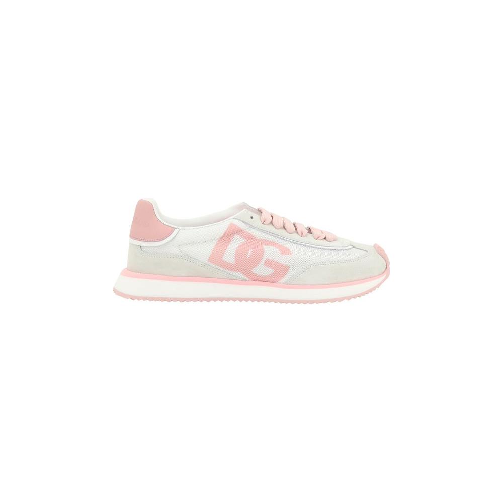 Dolce & Gabbana DG Cushion sneakers in pink and white with suede panels, lace-up front, and DG logo on the side