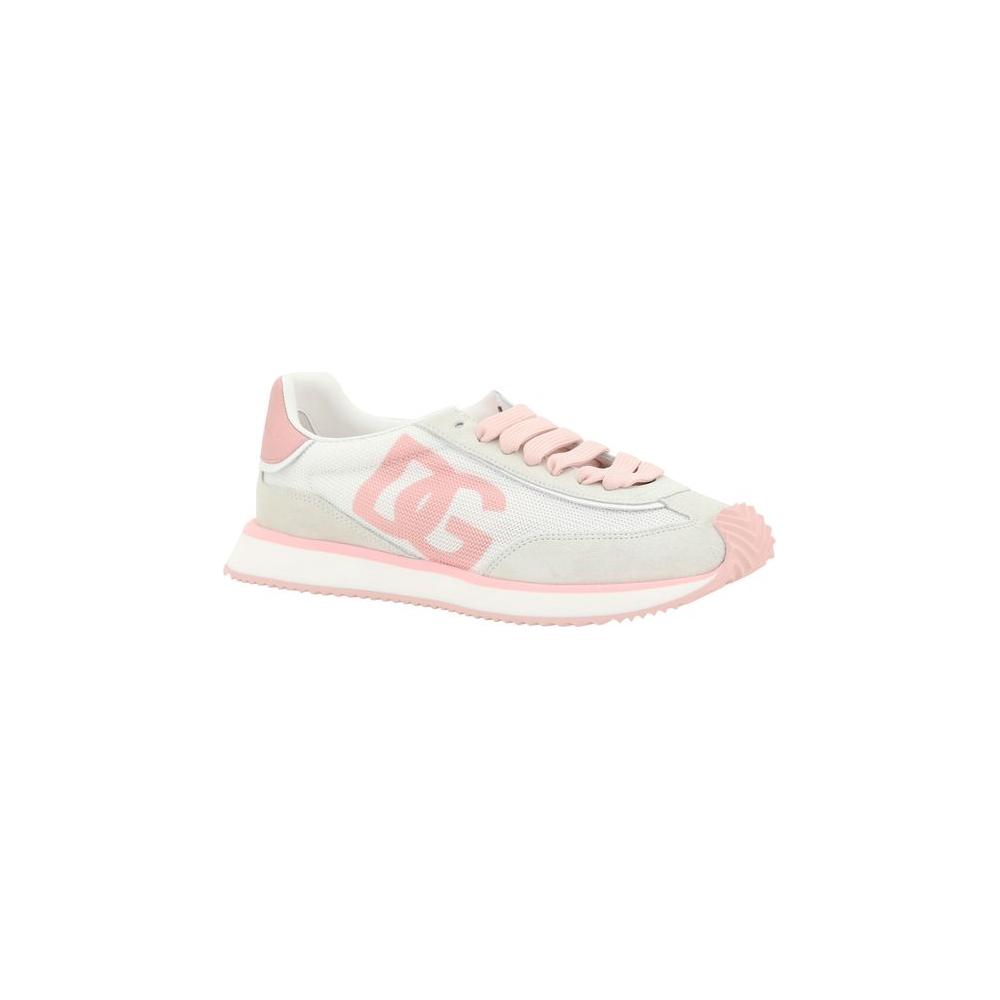 Dolce & Gabbana DG Cushion leather sneakers with suede details, pink logo, lace-up closure, notched sole, and monogram on heel.