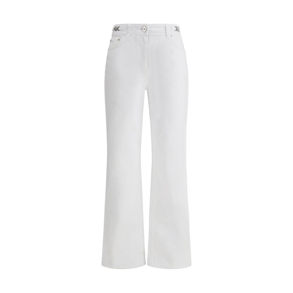 Versace white cotton jeans with high waist, straight leg, five-pocket design, and Medusa logo waistband, for a modern, luxurious look.