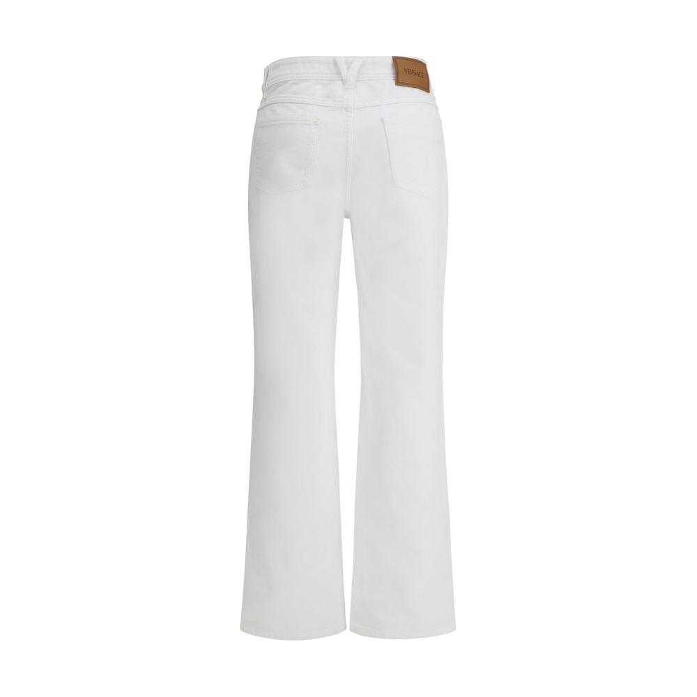 Back view of Versace white jeans with high waist and Medusa logo detail, featuring a straight five-pocket design for a sophisticated look.