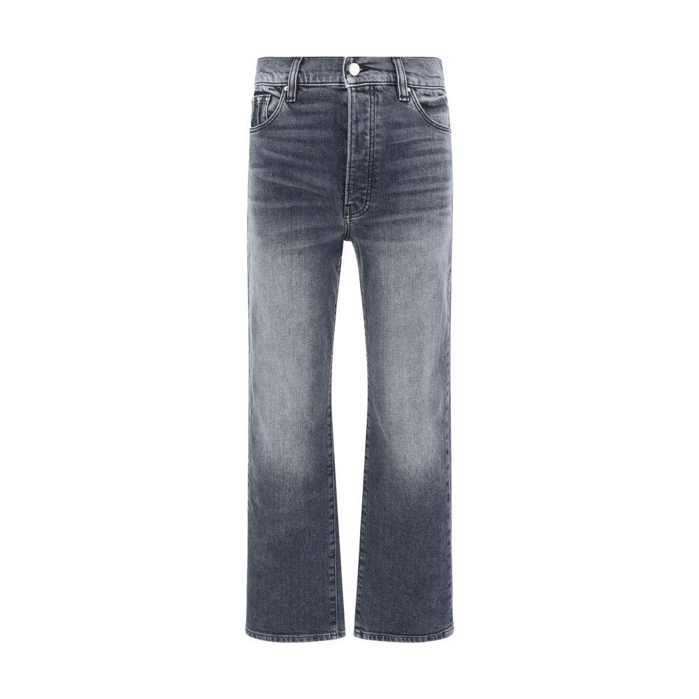Amiri Cotton Denim Pants with five-pocket design and signature leather patch, featuring button closure and belt loops waistband.