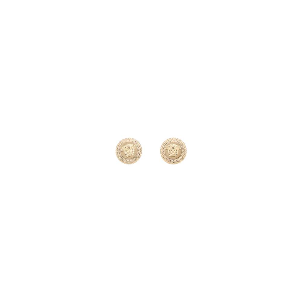Versace gold-plated earrings with embossed Medusa head and butterfly back fastening.