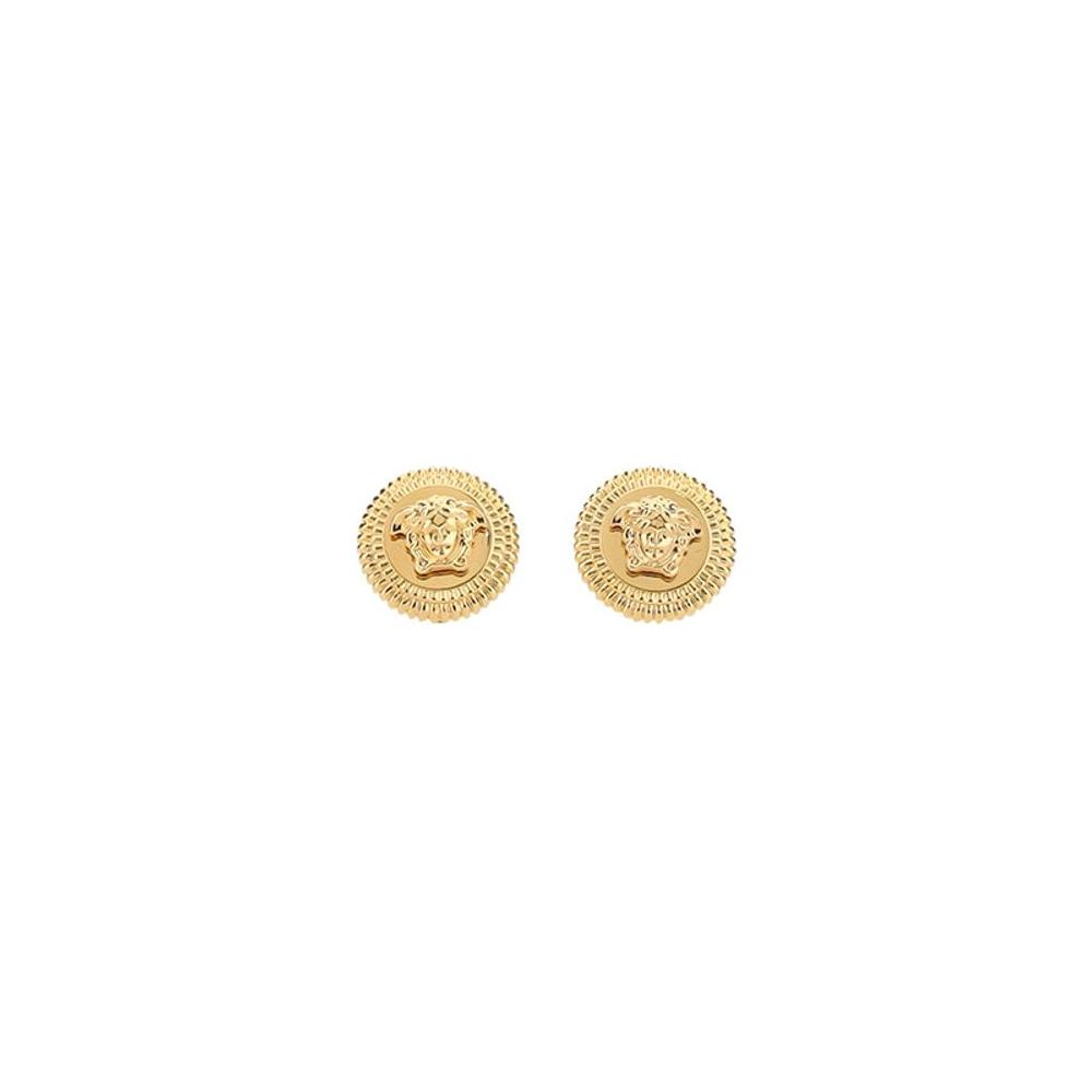 Gold-plated Versace earrings with iconic Medusa head design and butterfly back fastening.
