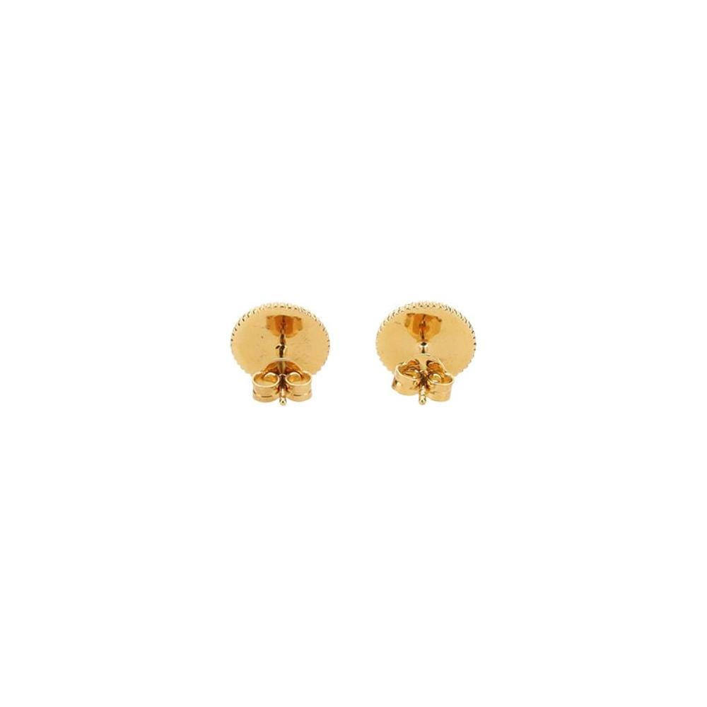 Gold-plated Versace earrings with embossed Medusa head design and butterfly back fastening.