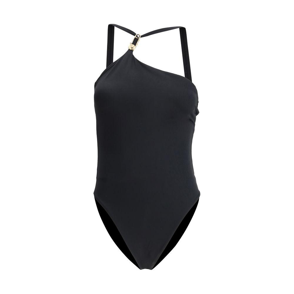 Versace black swimsuit with asymmetrical neckline, inner pattern, deep back, and iconic Medusa logo plaque on front.