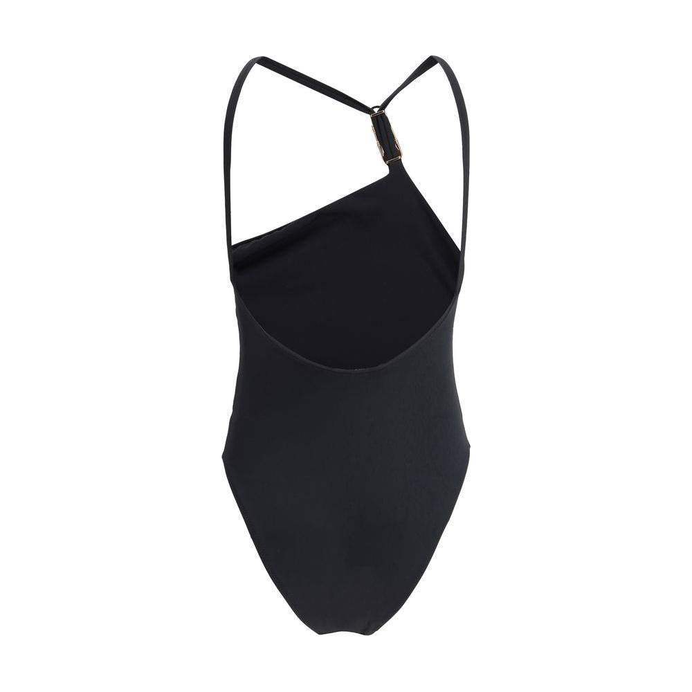 Versace swimsuit featuring deep back neckline, iconic Medusa logo plaque, and monochrome pattern, showcasing luxurious swimwear design.