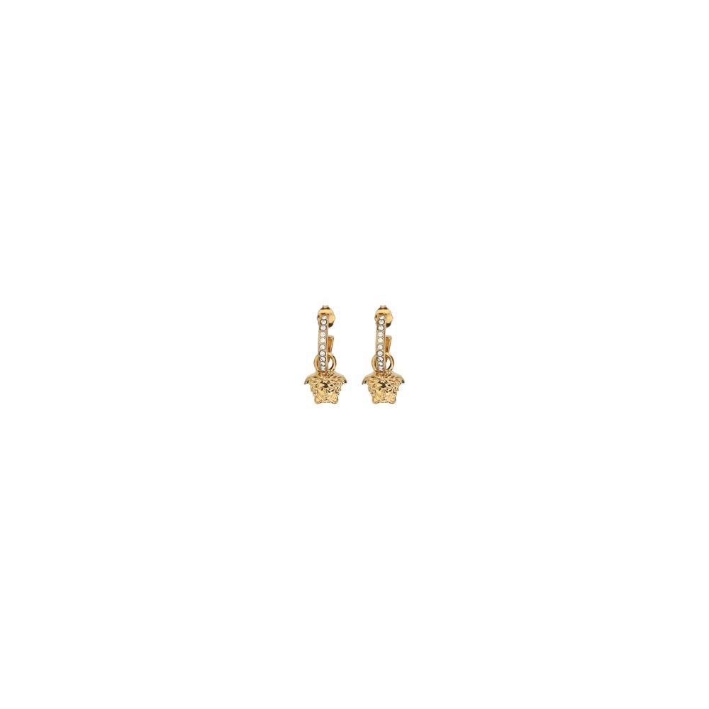 Versace gold-plated Medusa head earrings with pendant design and classic butterfly back closure for stylish elegance.