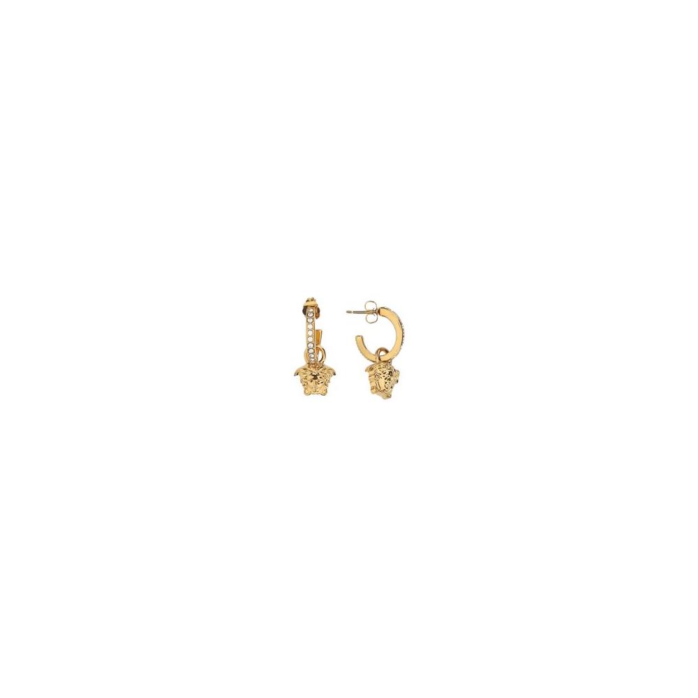 Versace earrings with gold-plated Medusa head pendants and butterfly back closure, elegant accessory for high-end fashion.