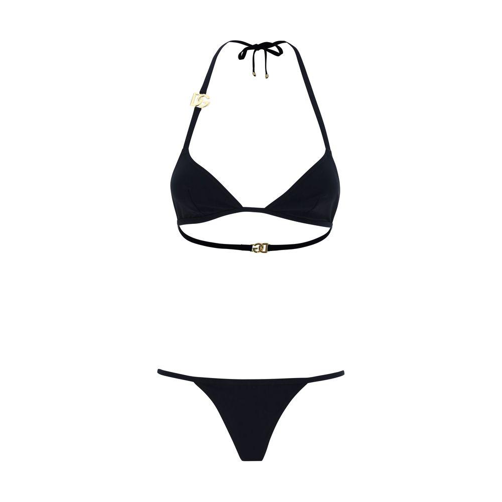 Dolce & Gabbana bikini with triangle top, D&G plaque, Brazilian bottom, monochrome design.