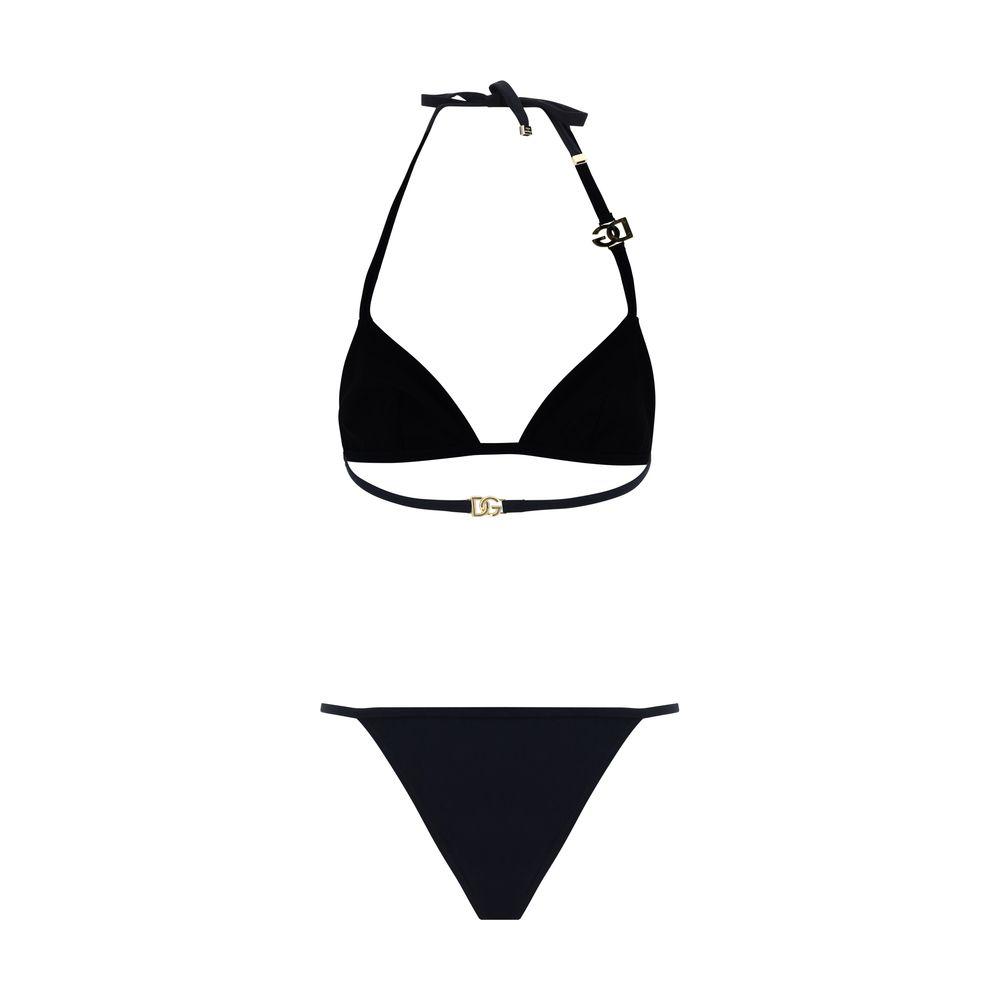 Dolce & Gabbana black bikini with triangle top, D&G plaque, and Brazilian style bottom, monochrome pattern design.