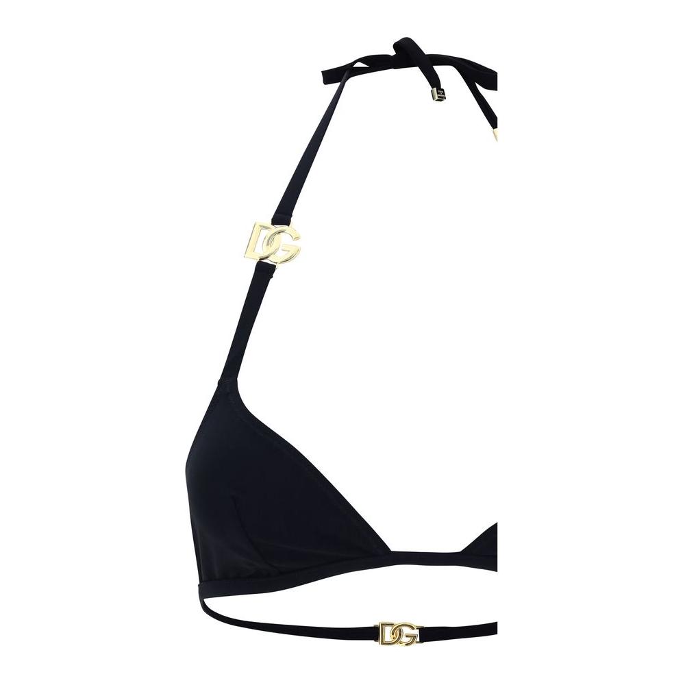 Alt Tag: Dolce & Gabbana triangle bikini top, black monochrome design with iconic D&G gold plaque on the straps.